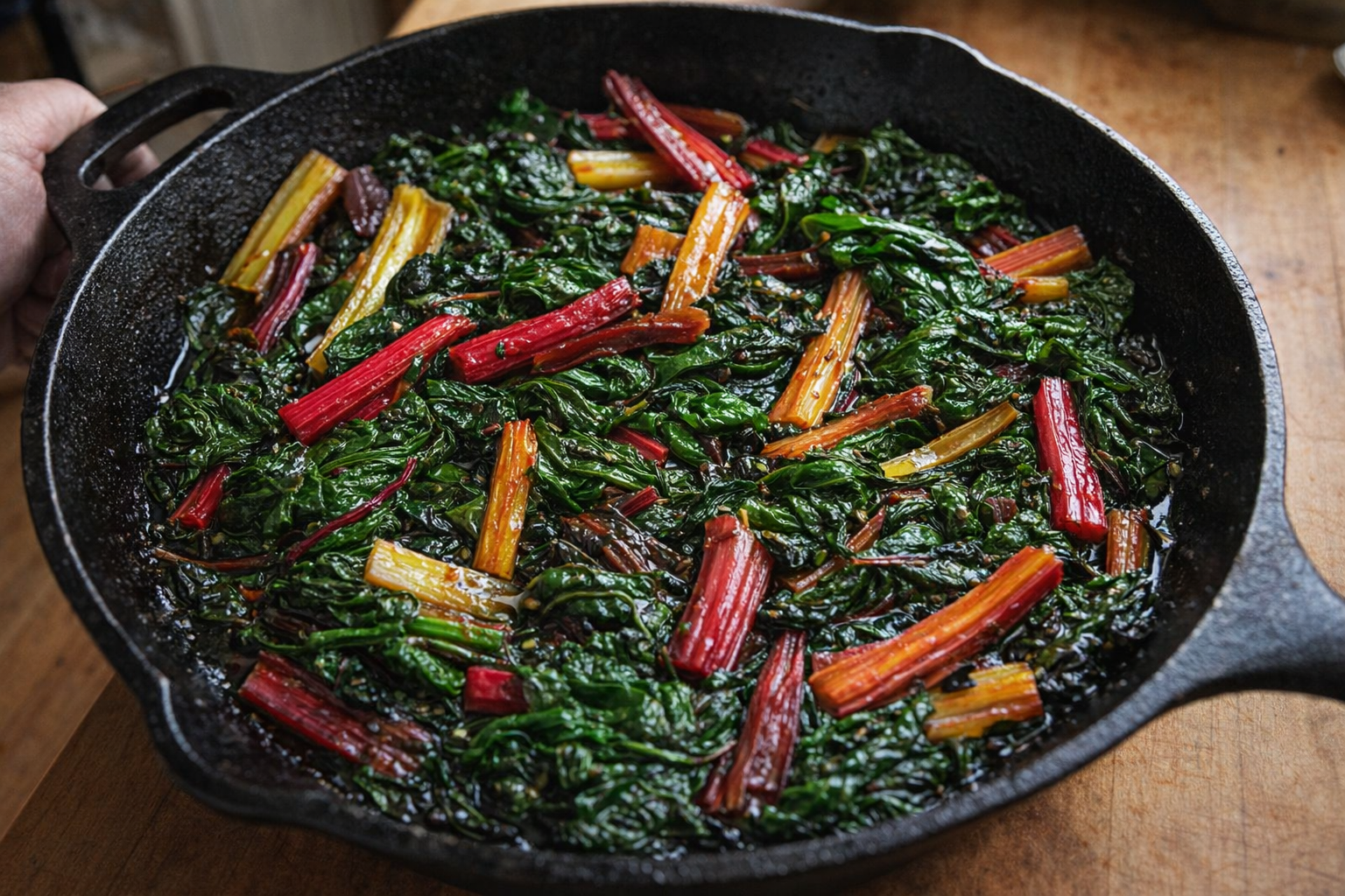 A top-down shot of vibrant sauteed Swiss chard in a cast iron skillet, featuring colorful stalks and dark green leaves, glistening with olive oil and balsamic vinegar. Warm, diffused light.